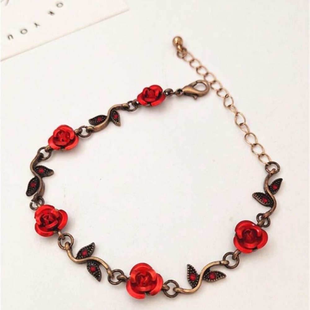 1pc Vintage Rose Flower And Leaf Decorated Gemstone Bracelet Suitable